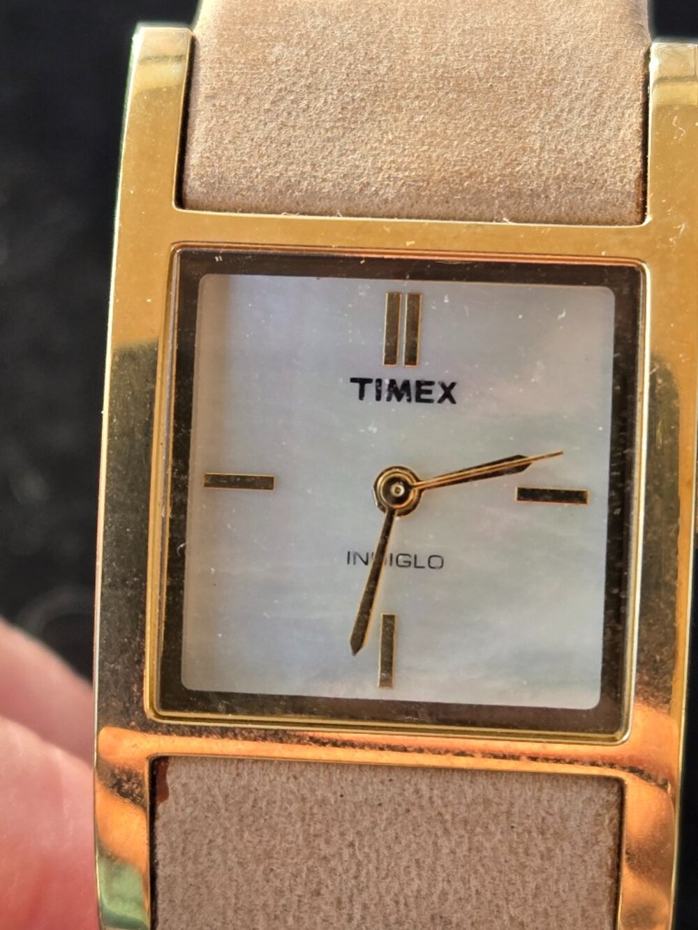 Timex Indiglo PP Square Gold Tone Watch with Tan Leather Band